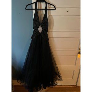 Vintage 90s Black Goth Halter Top Ball Gown with Rhinestone Embellishment + Tull